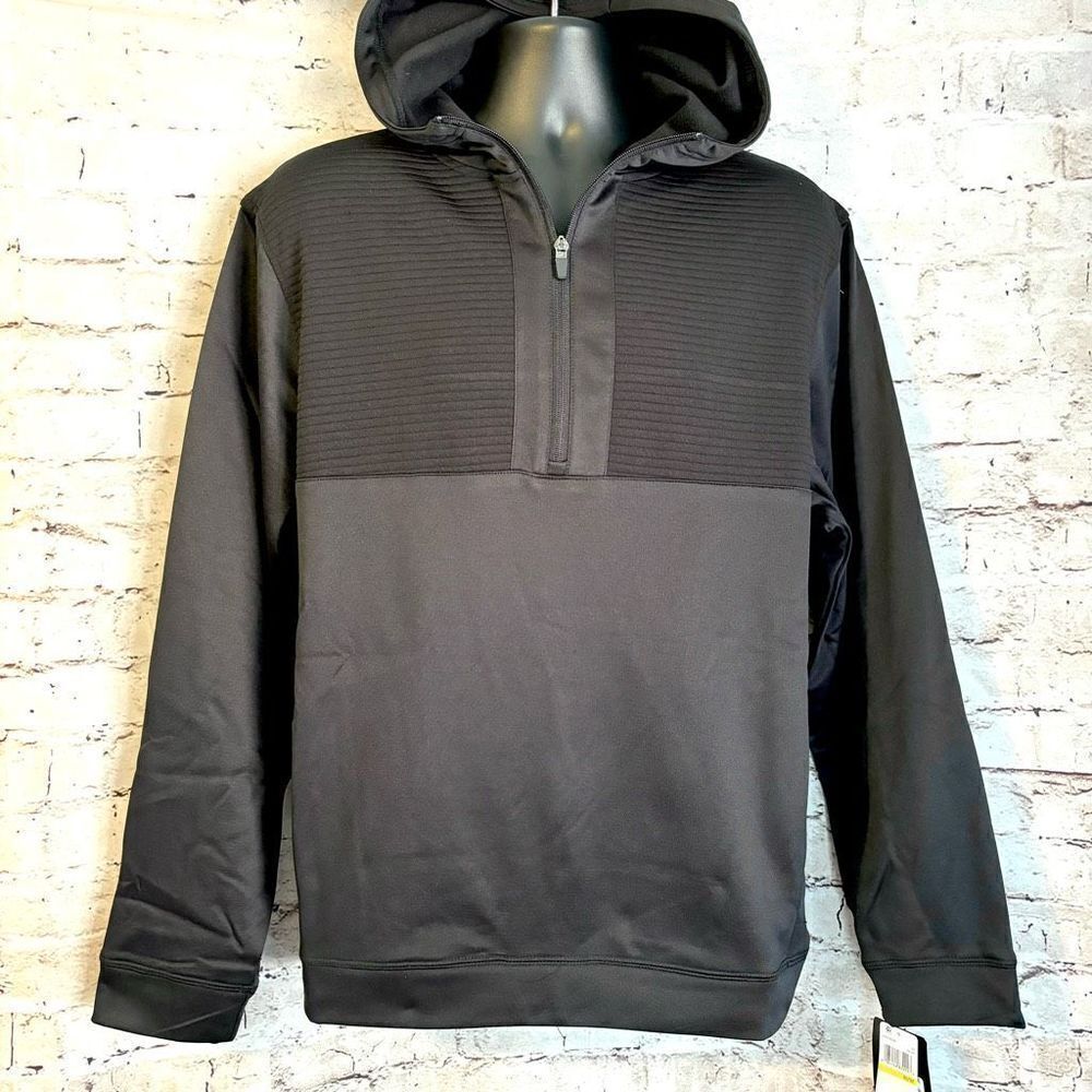 PGA Tour Men's Pro Knit 1/4 Zip Golf Hoodie Pullover Black Quilted Size Medium